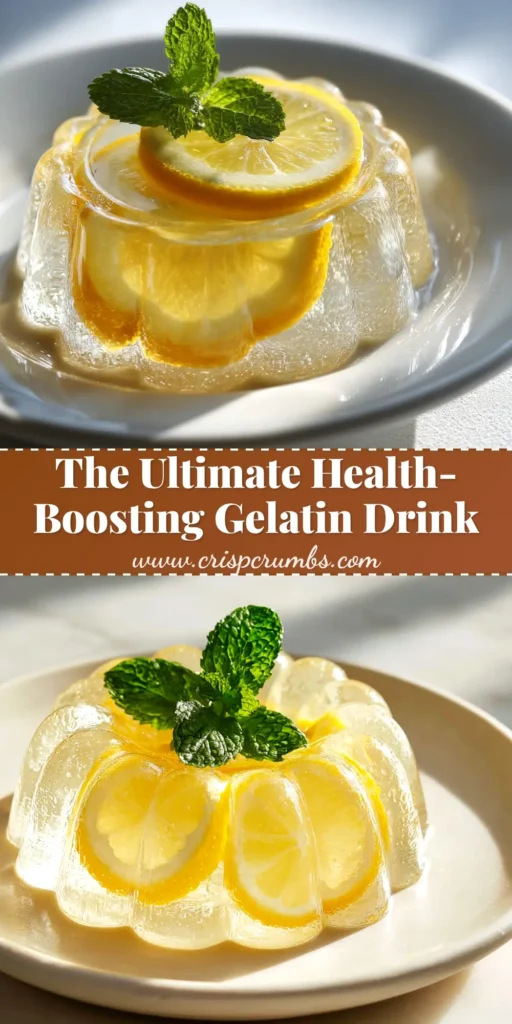 A beautiful, clear gelatin drink recipe in a glass mug, garnished with a lemon slice, highlighting a simple and healthy beverage.