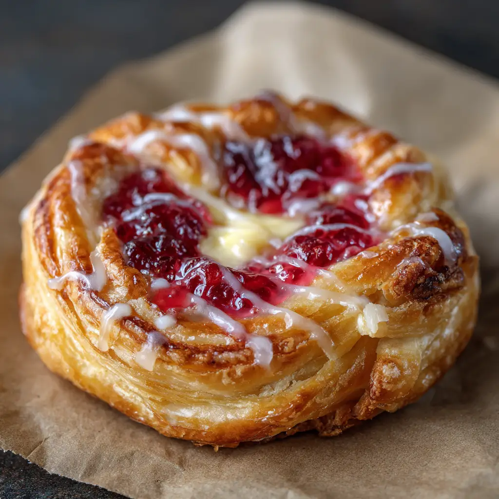 A Raspberry Cheesecake Danish being drizzled with a sweet vanilla glaze, with a whisk and small bowl of glaze in the background.