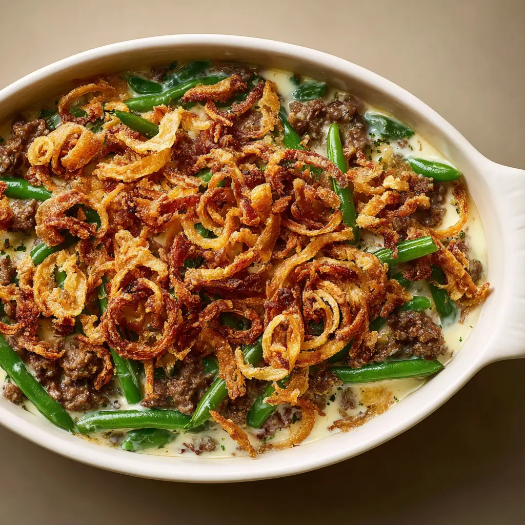 An overhead shot of the ingredients for cheesy hamburger casserole being mixed in a bowl before baking.