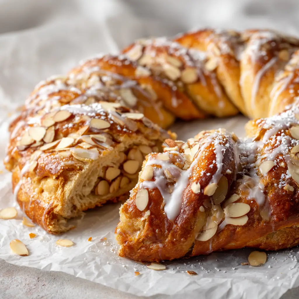 A close-up shot of a braided homemade almond Kringle pastry before baking, showing the rich almond paste filling.