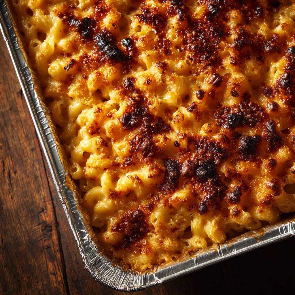 An overhead shot of homemade baked mac and cheese fresh out of the oven in a rustic baking dish, ready to be served.