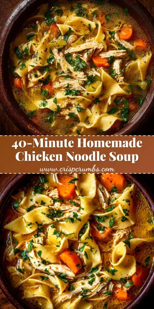 A large white bowl filled with homemade chicken noodle soup, with chunks of chicken, carrots, and celery visible in a clear broth. A spoon rests in the bowl.