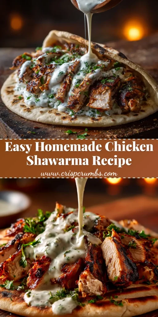 A delicious homemade Chicken Shawarma wrap filled with juicy, sliced chicken, fresh vegetables, and drizzled with garlic yogurt sauce.