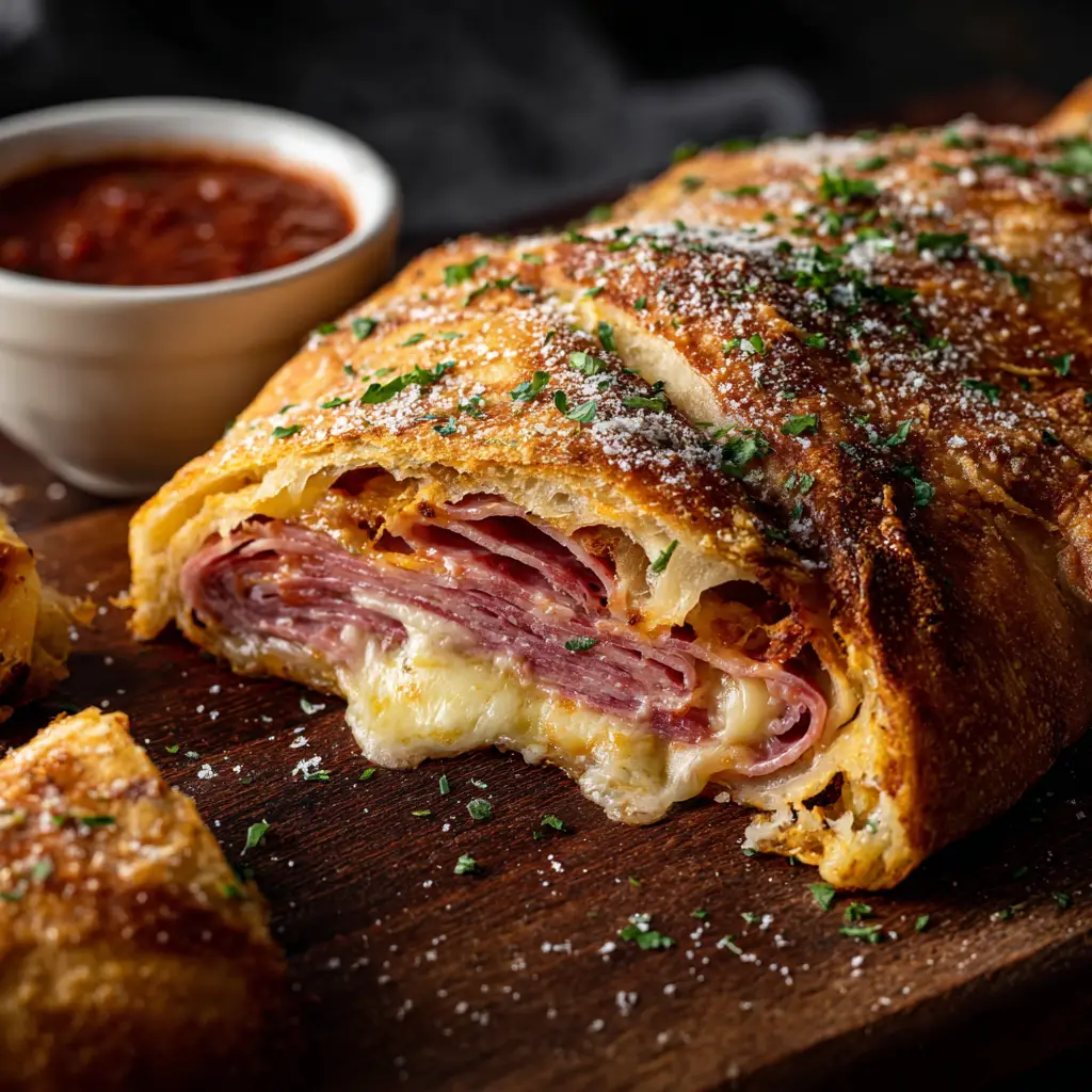 A close-up shot of a rustic, homemade Italian stromboli, showing the flaky, golden crust and a hint of the cheesy interior.