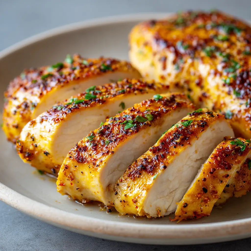 Close-up shot of juicy, sliced slow cooker chicken breast, showing the moist and tender texture of the meat.