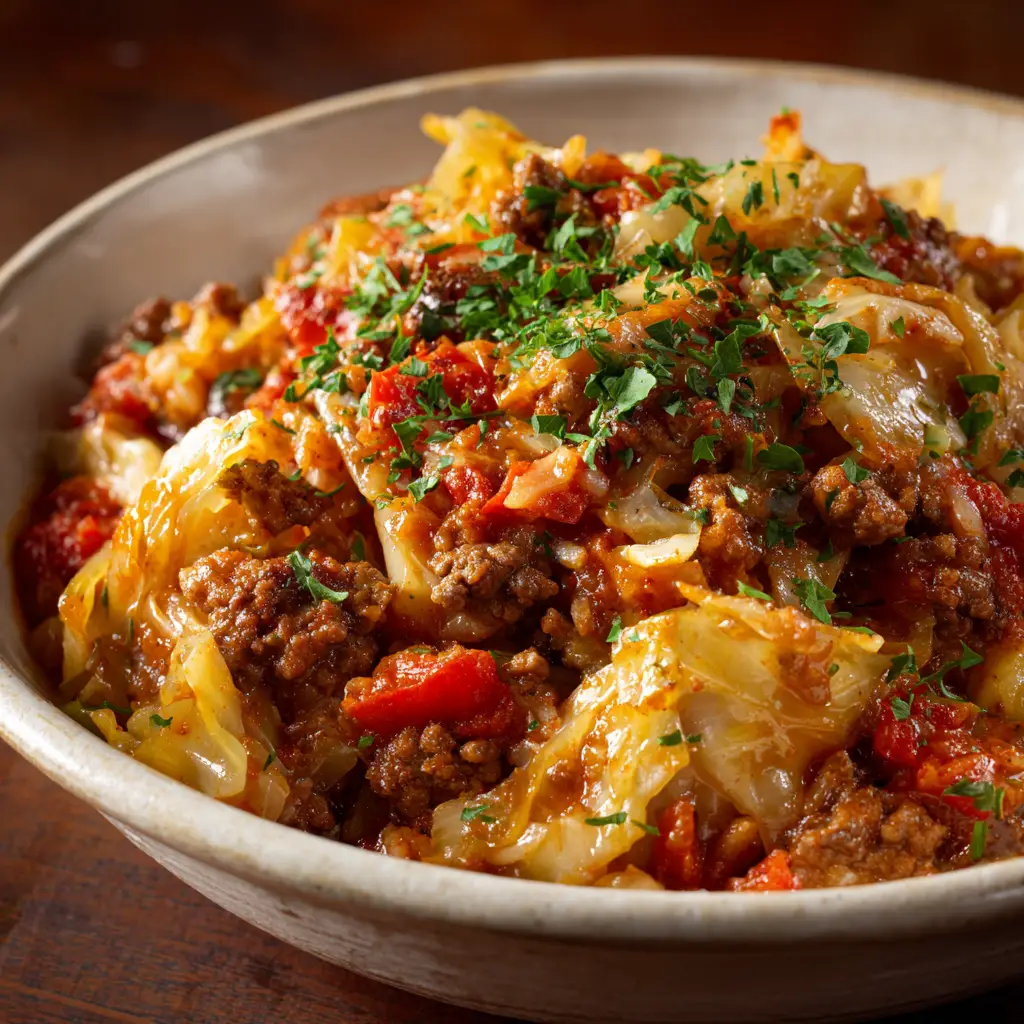 A spoonful of the finished lazy cabbage roll casserole, showing the tender cabbage and savory meat sauce ready to be eaten.