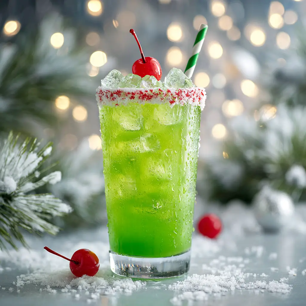 A bright green Christmas drink being poured from a cocktail shaker into a chilled coupe glass, showcasing how to make a Grinch cocktail.