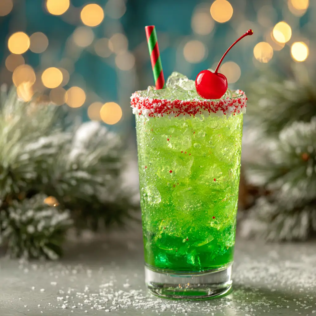A bright green Grinch drink being poured from a cocktail shaker into a sugar-rimmed glass, showing how to make the festive beverage.