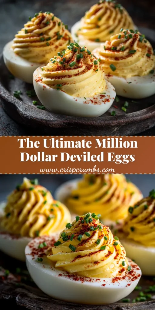 A platter of Million Dollar Deviled Eggs garnished with paprika and chives, showcasing their creamy, perfectly piped filling. The ultimate appetizer recipe.