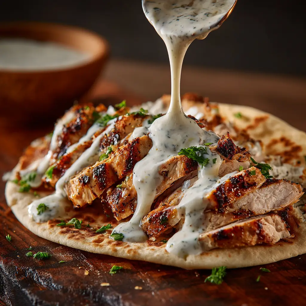 An extreme close-up of juicy, oven-baked chicken shawarma fresh off the baking sheet, showing the crispy, caramelized edges.