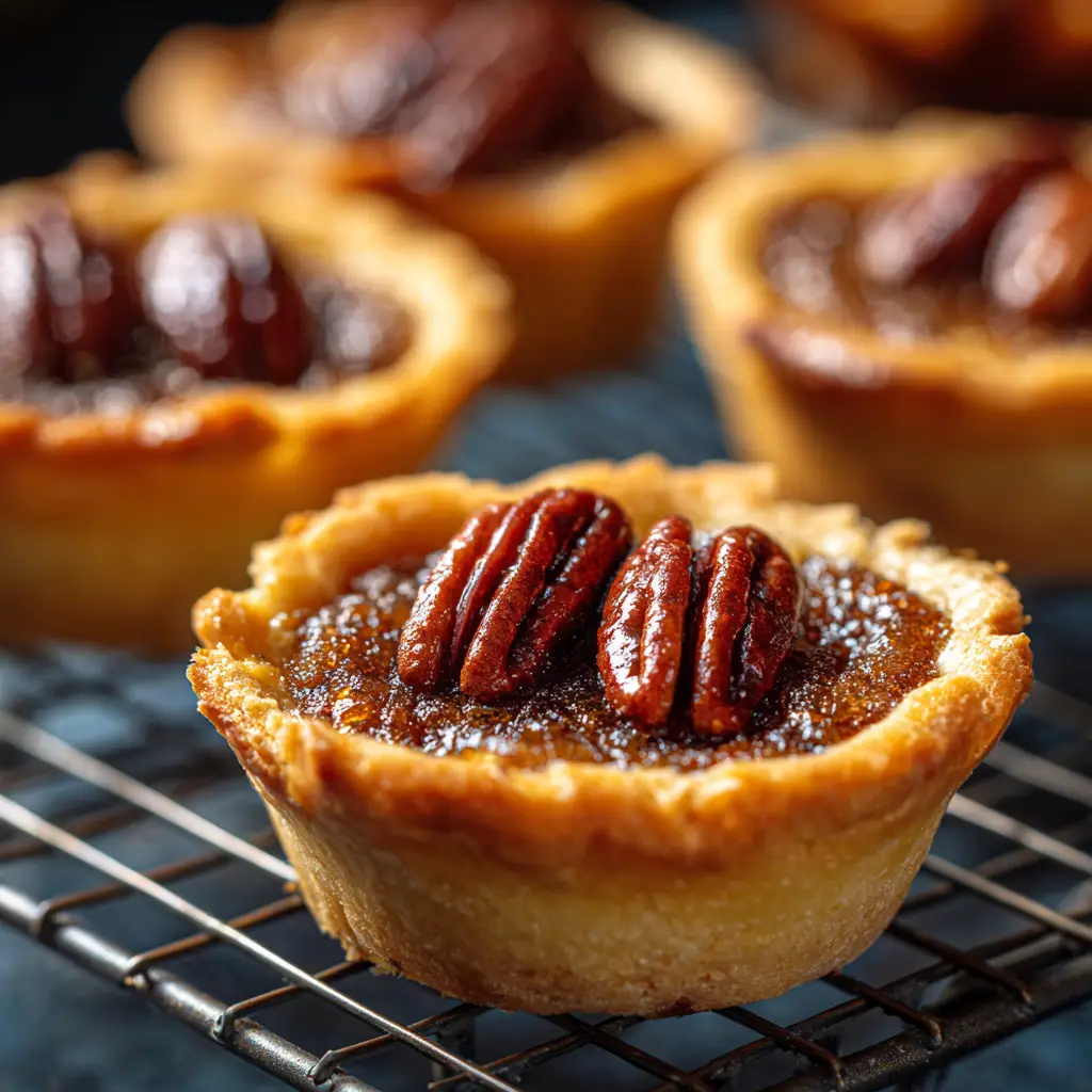 An extreme close-up of a golden-brown pecan tassie, showcasing the flaky cream cheese pastry and the rich, gooey pecan filling.