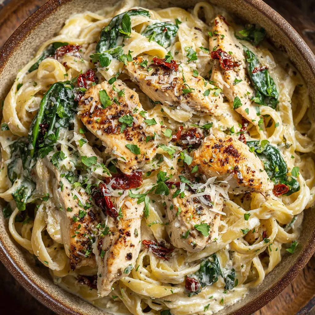 A plated serving of Tuscan chicken pasta, showing sliced chicken breast coated in the creamy sauce over a bed of penne pasta.