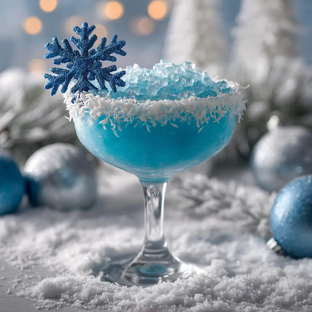 A bright blue Jack Frost cocktail being poured from a silver shaker into a coconut-rimmed martini glass.