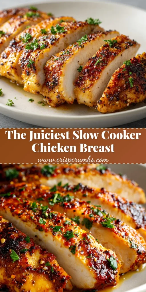 The juiciest Slow Cooker Chicken Breast, perfectly seasoned and ready to be shredded. A simple, hands-off crockpot recipe for meal prep. | CrispCrumbs.com
