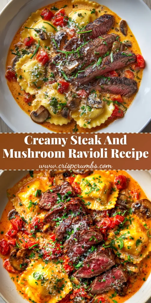 An overhead shot of a white bowl filled with delicious steak and ravioli in a creamy garlic sauce, garnished with fresh parsley. This image shows the final, plated recipe.