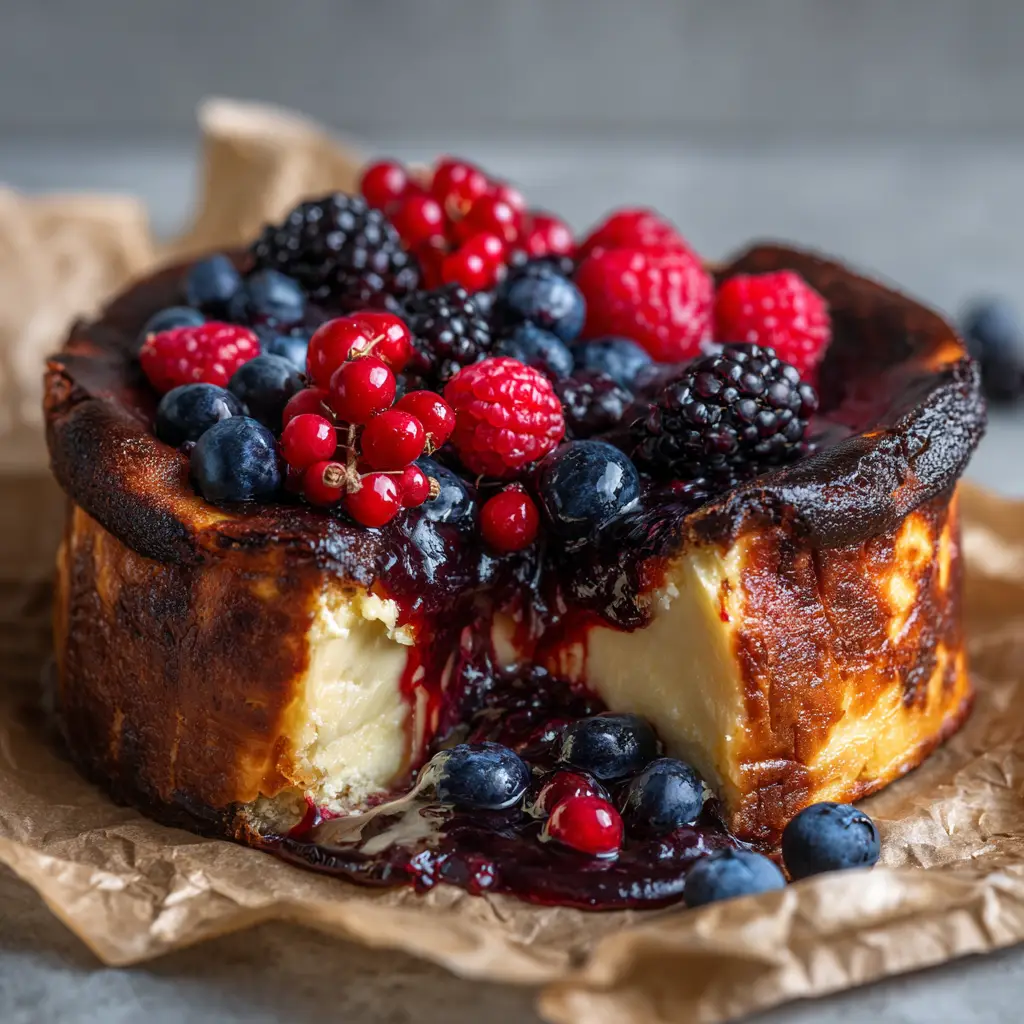 A whole Citrus Berry Burnt Cheesecake with its signature dark caramelized top, sitting on a wooden serving board.