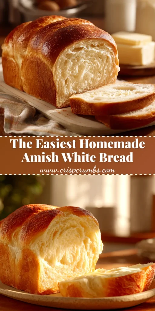A perfect loaf of Amish white bread cooling on a rustic wooden board. This Amish white bread recipe is easy to follow and yields a soft, fluffy texture.
