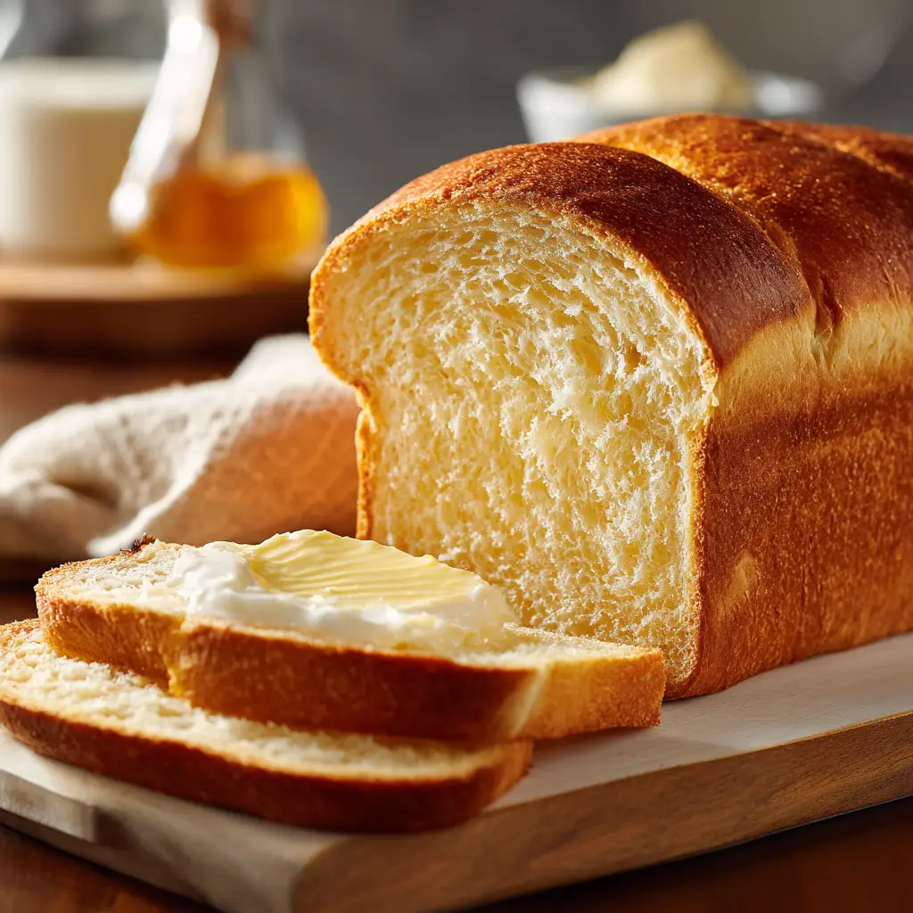 The ingredients for the Amish white bread recipe laid out: flour, milk, butter, and yeast. A simple recipe for beginner bakers.