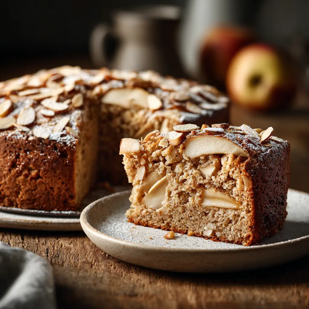 A close-up, eye-level shot of the Healthy Oatmeal Apple Cake batter in a glass bowl, with diced apples being folded in with a spatula.