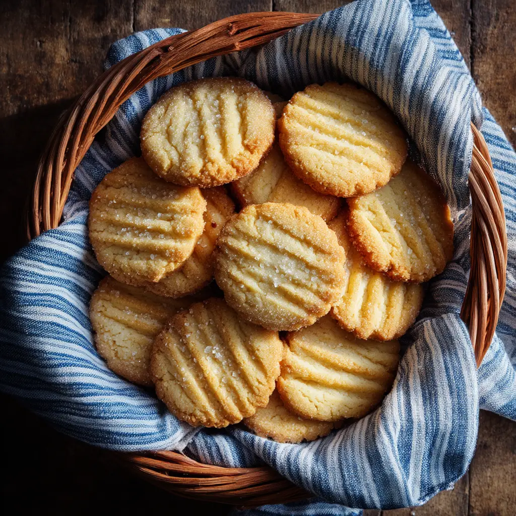 An overhead shot of authentic French butter cookies arranged neatly on a cooling rack, showcasing their golden color and sandy texture.