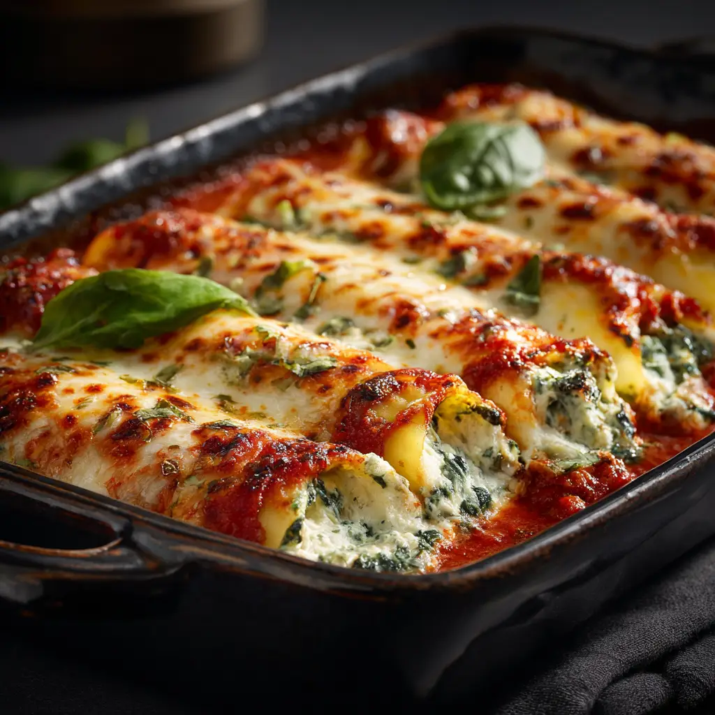 A close-up shot of a serving of baked spinach and ricotta manicotti on a plate, showcasing the creamy filling.