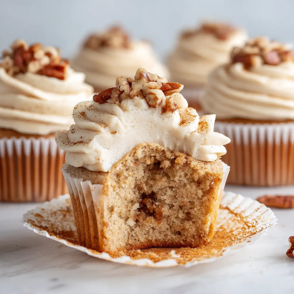 A close-up of a single Banana Pecan Cupcake, showcasing the fluffy texture of the cream cheese frosting and the crunchy pecan garnish.