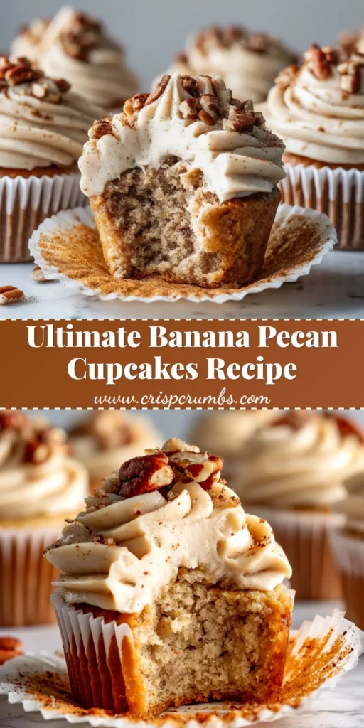 A stunning overhead shot of perfectly frosted Banana Pecan Cupcakes on a marble surface. One cupcake has a bite taken out, revealing a moist, fluffy interior.