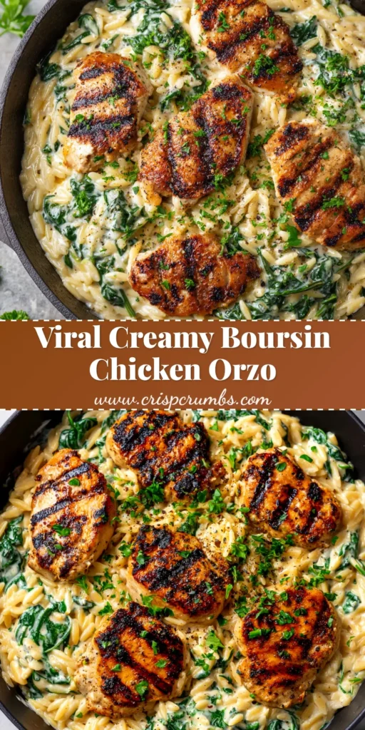 A skillet of creamy Boursin chicken orzo with spinach, garnished with fresh parsley. This one-pan dinner is easy and delicious.