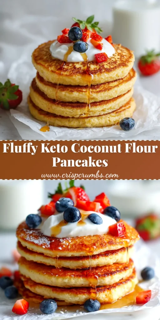 A tall, perfect stack of fluffy Coconut Flour Pancakes topped with fresh blueberries and a drizzle of maple syrup, against a clean, bright background.