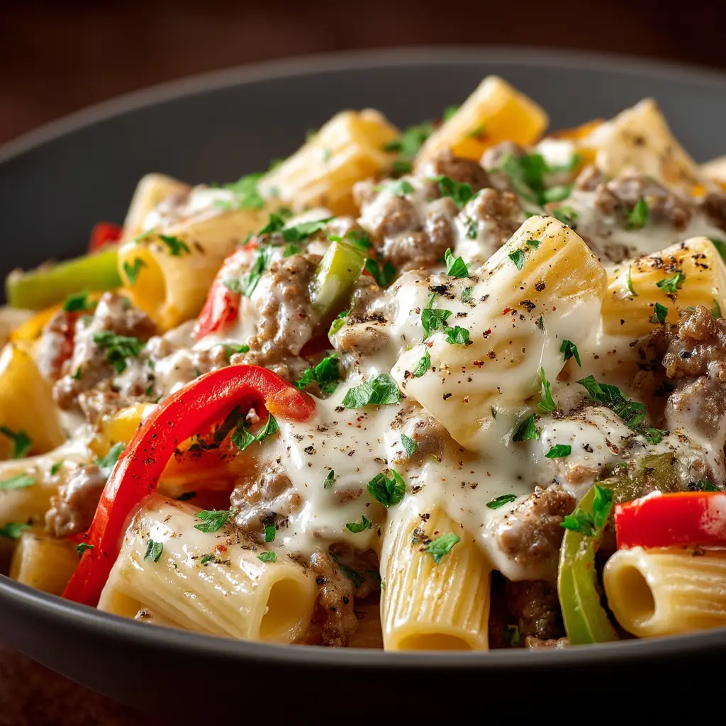 A close-up shot of a fork lifting a bite of cheesy cheesesteak pasta from a bowl. The creamy provolone sauce coats the pasta and tender beef.
