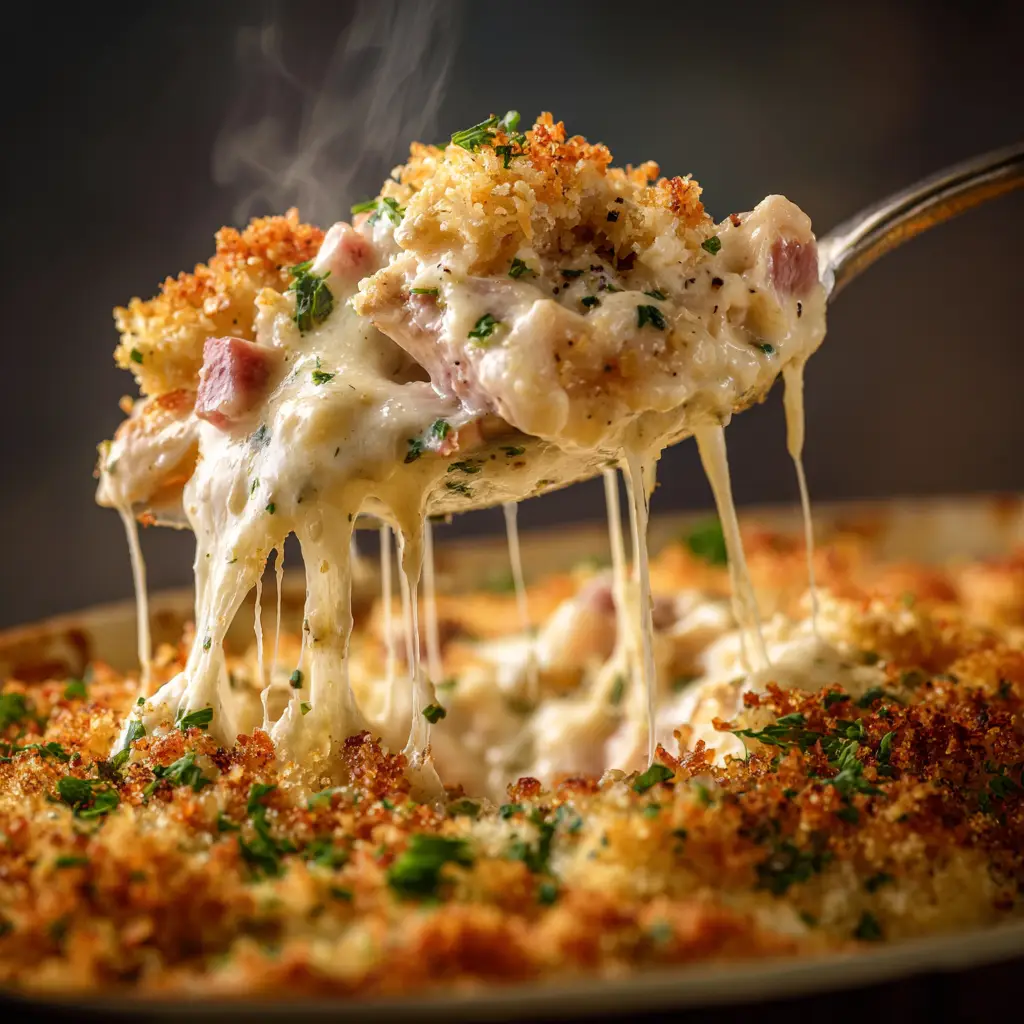 A close-up spoonful of creamy chicken cordon bleu bake, showing the melted Swiss cheese and pieces of ham and chicken.