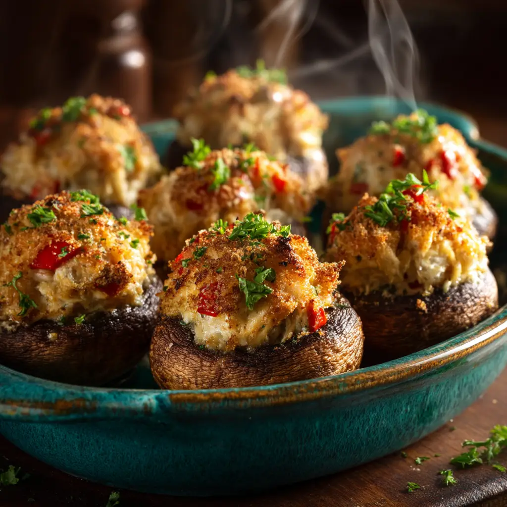 An extreme close-up shot of a single baked stuffed mushroom, highlighting the creamy crab and cream cheese filling inside the tender mushroom cap.