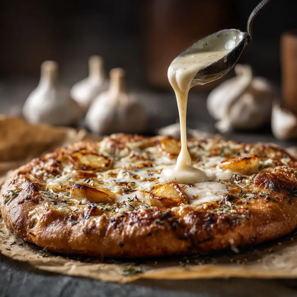 A close-up overhead shot of a pizza topped with white garlic sauce, highlighting the creamy texture and savory ingredients.