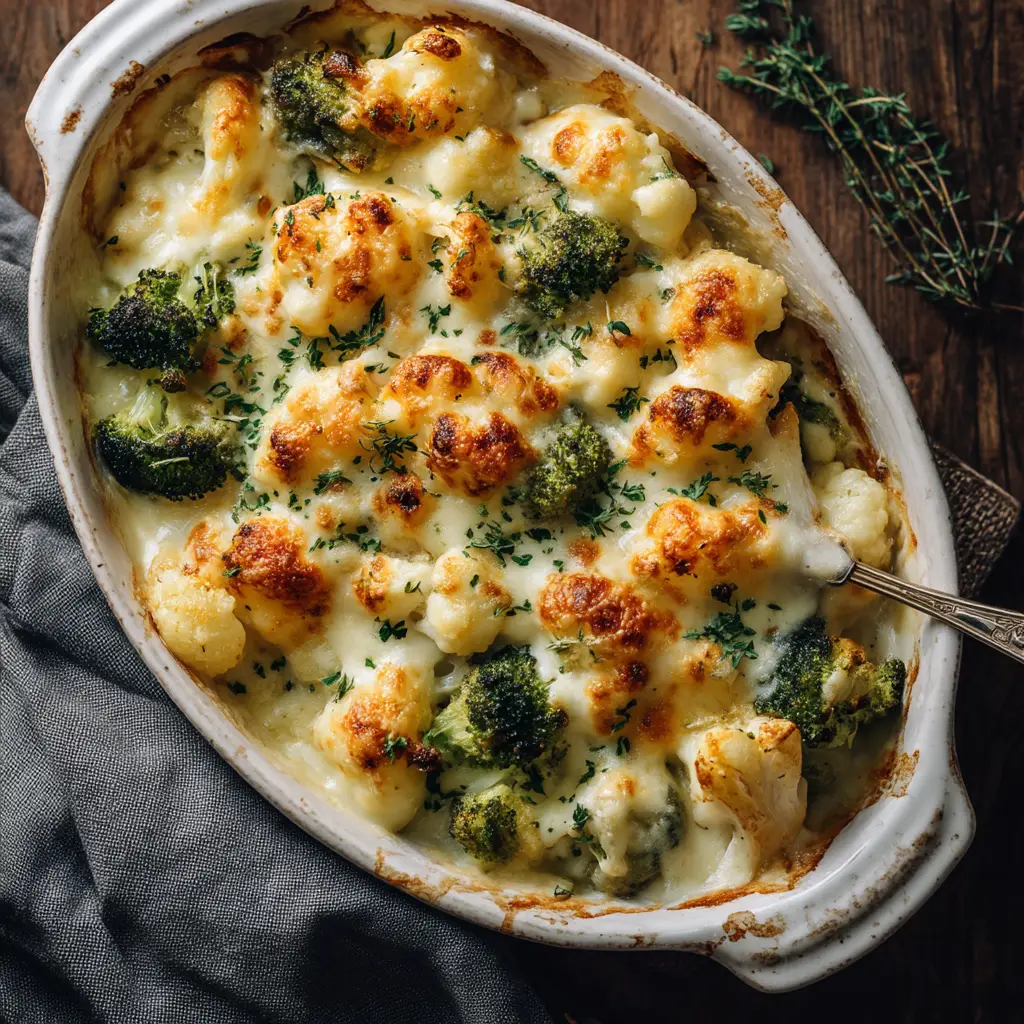 A close-up overhead shot of a creamy root vegetable bake, highlighting the tender carrots and parsnips in a rich, cheesy sauce.