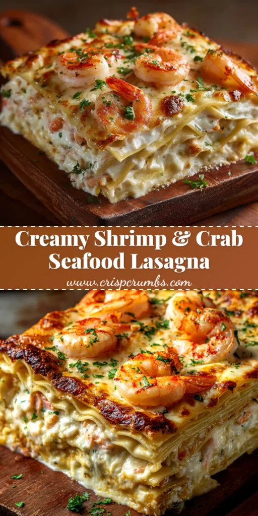 A top-down view of a fully baked Seafood Lasagna in a white baking dish, ready to be pinned. The top is golden brown and bubbly.