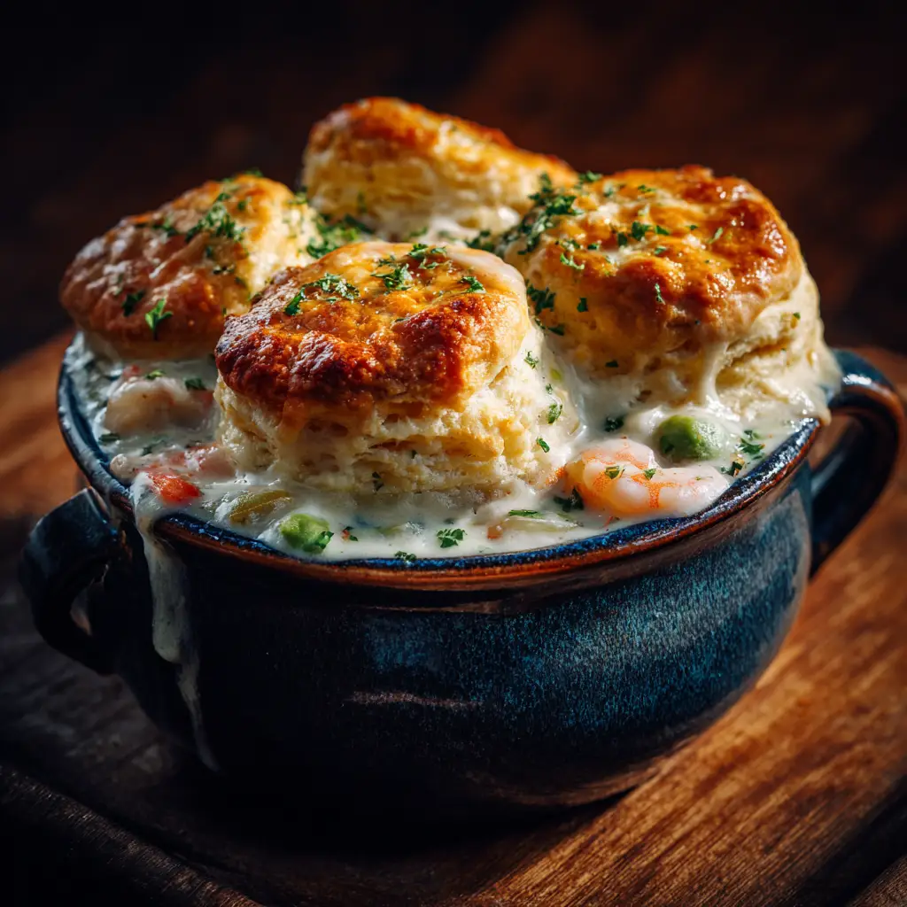 A single serving of creamy seafood pot pie in a white bowl, topped with a golden cheddar bay biscuit.