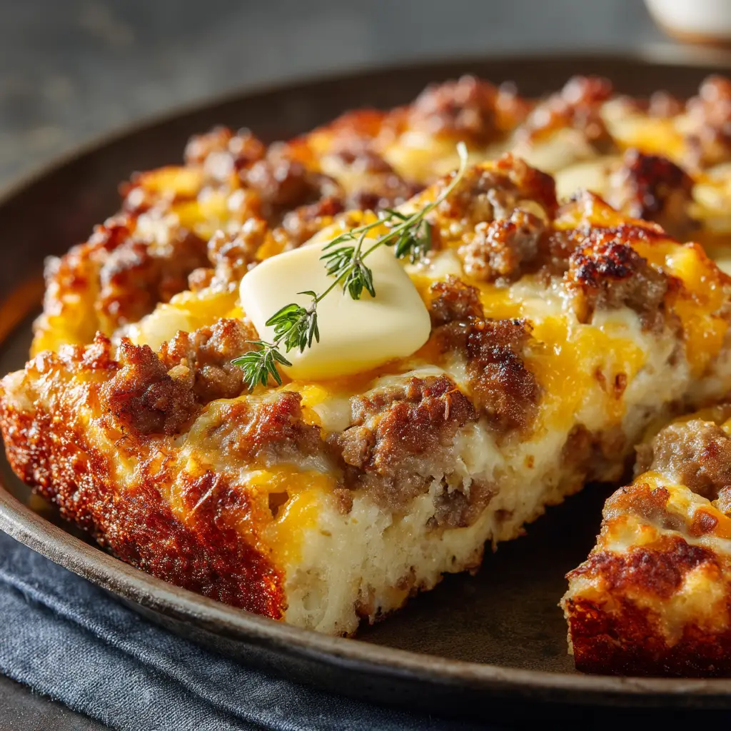 A spatula lifting a perfect square of sheet pan pancakes from the pan, highlighting the fluffy interior and savory toppings.