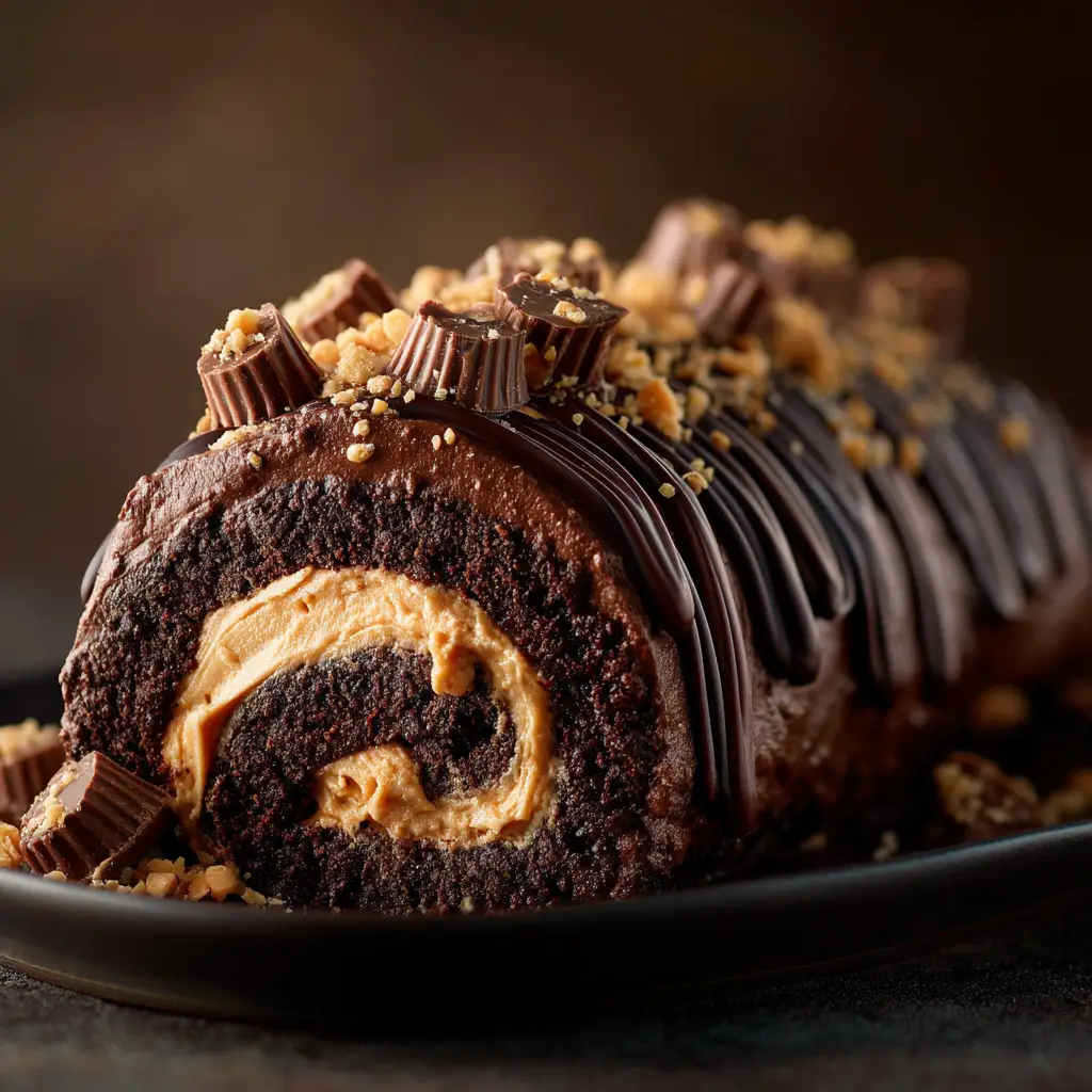 A full Peanut Butter Cup Chocolate Roll resting on a serving platter before being sliced, covered in a glossy chocolate ganache.
