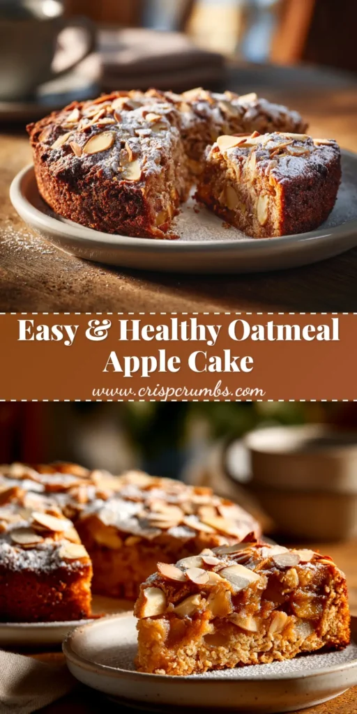 A slice of Healthy Oatmeal Apple Cake on a white plate, showcasing the moist texture with chunks of apple. A fork is resting beside the slice, ready to be eaten.