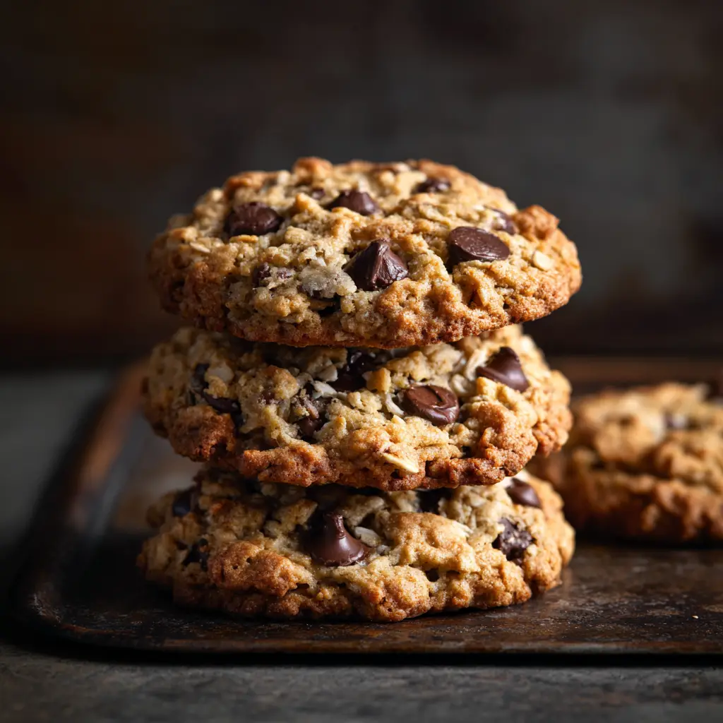 A close-up shot of three thick, chewy no sugar no flour cookies studded with chocolate chips, showcasing their soft texture.