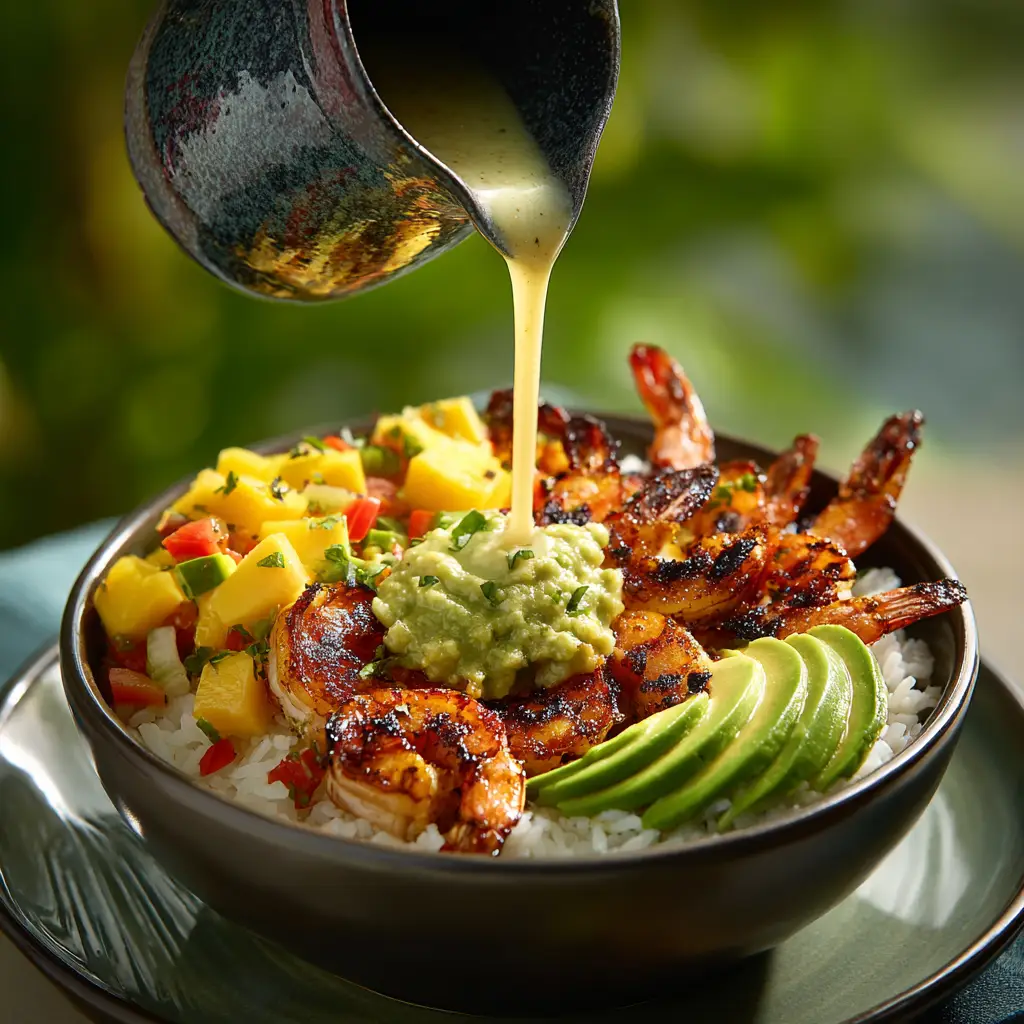 A close-up action shot of creamy cilantro lime dressing being drizzled over a healthy shrimp bowl with fresh avocado and tomatoes.