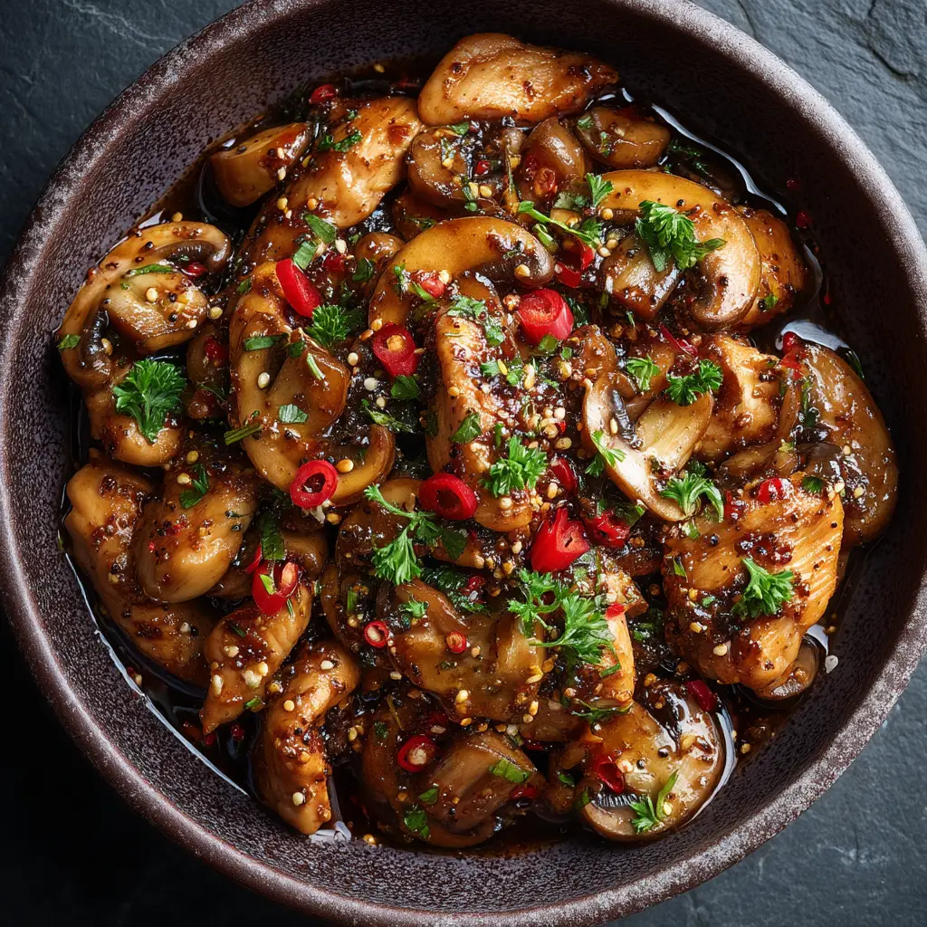 An overhead shot of homemade Black Pepper Chicken in a white bowl. The chicken is coated in a rich, dark sauce with pieces of onion and bell pepper.