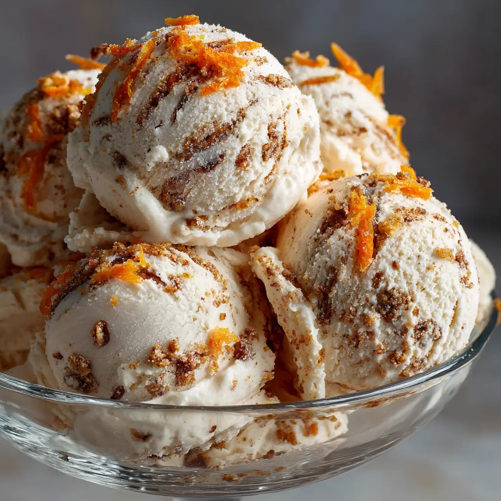 A close-up view of several scoops of homemade carrot cake ice cream in a bowl, highlighting the creamy texture and spiced carrot base.