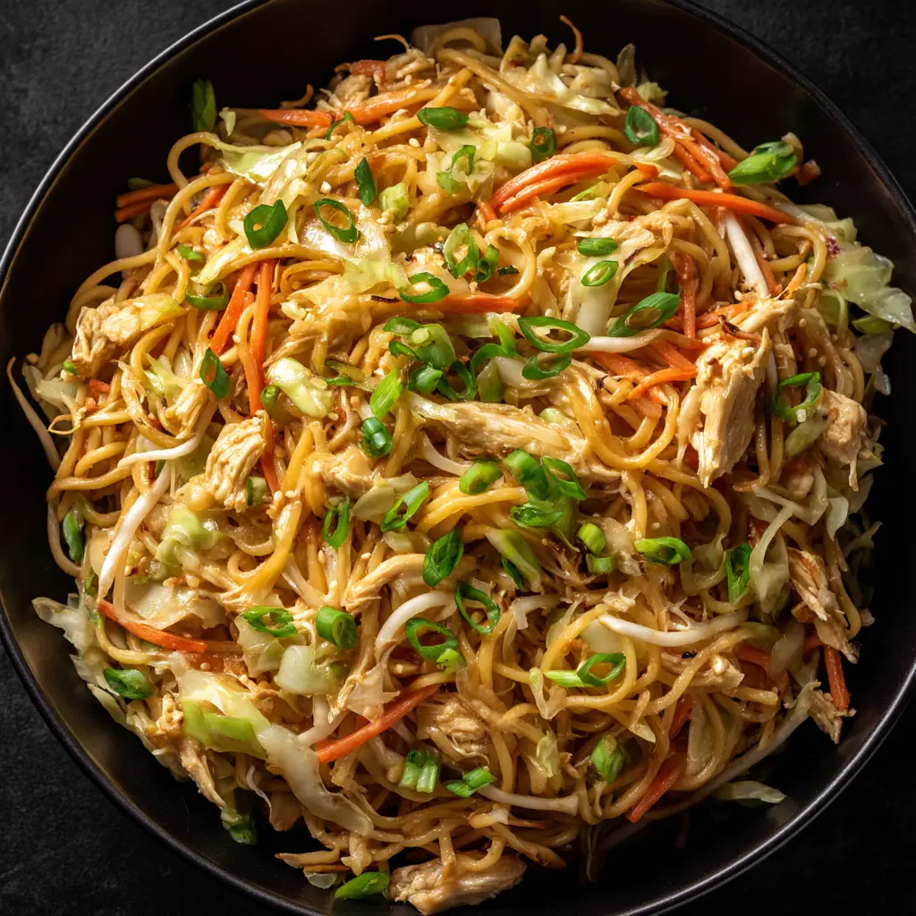 An extreme close-up overhead shot of homemade chow mein in a bowl, showing the texture of the stir-fried noodles and vegetables.