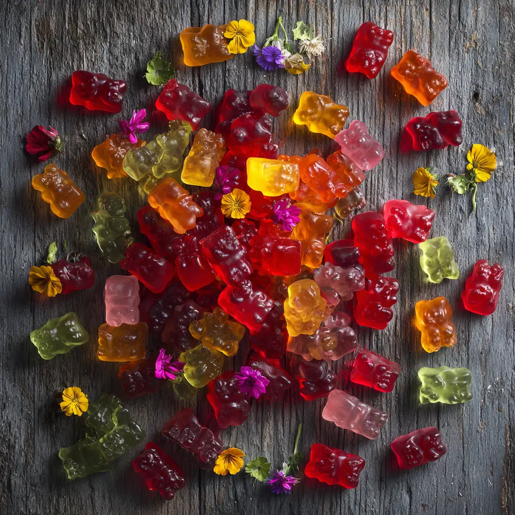 A top-down view of colorful homemade fruit snacks made from a simple gummy recipe, showcasing different shapes and flavors.