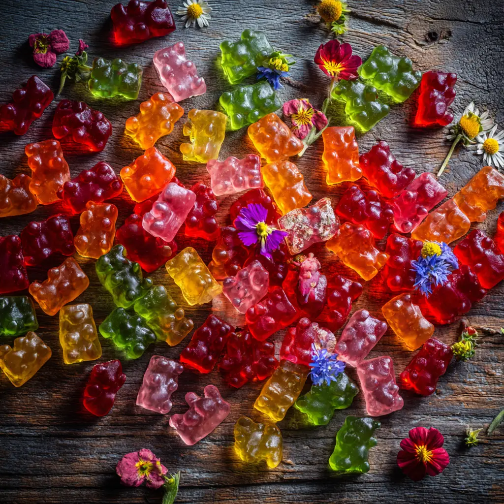 A close-up macro shot of translucent homemade gelatin gummies, highlighting their perfect chewy texture.