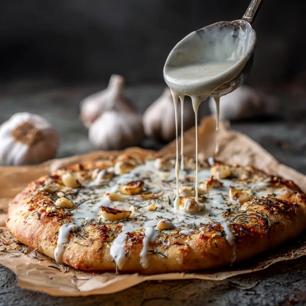 A rustic, homemade pizza topped with creamy garlic sauce, cheese, and fresh herbs, showcasing a delicious use for the sauce.