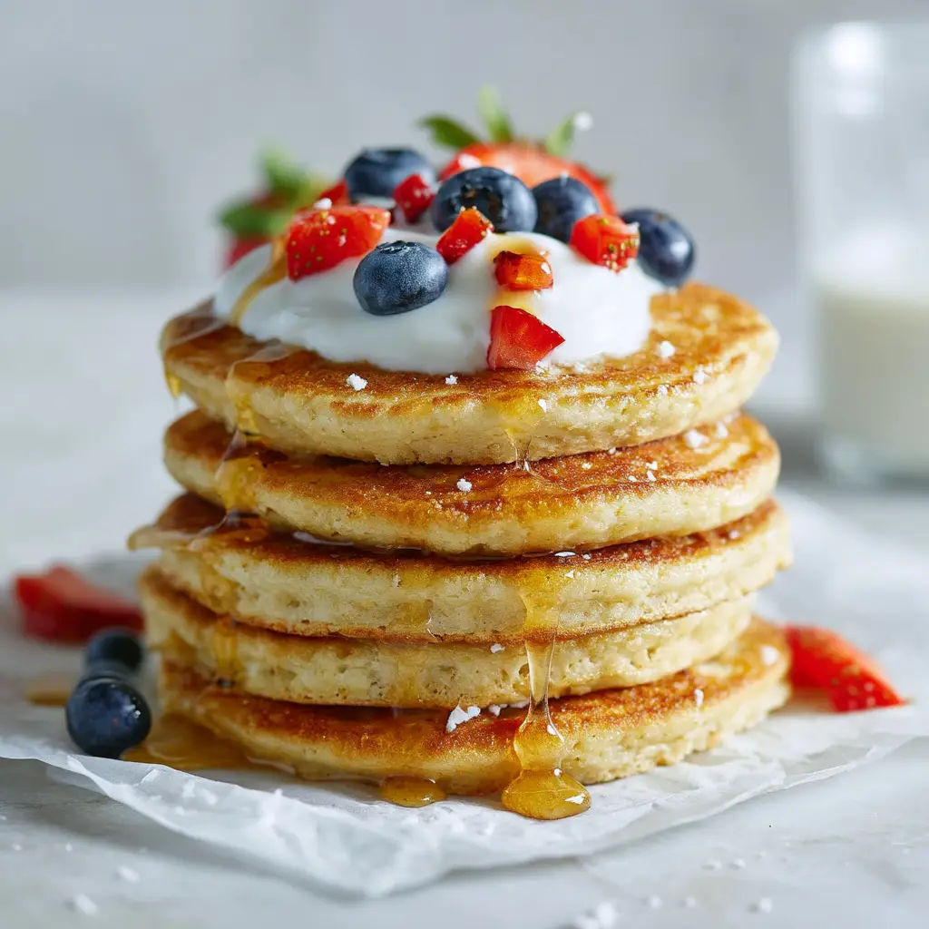 A beautiful stack of four fluffy, golden-brown keto coconut flour pancakes, shown with a pat of melting butter on top.