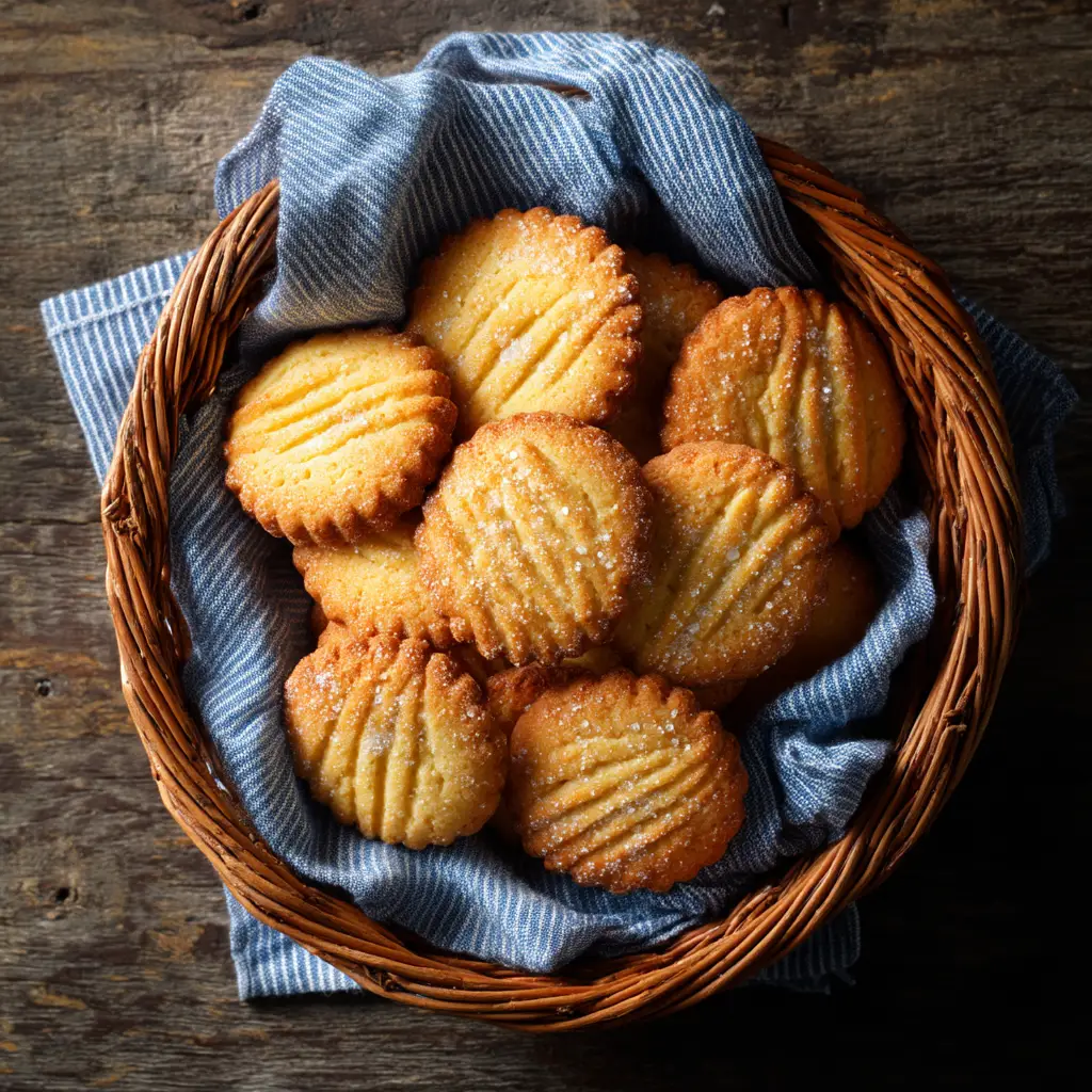 A close-up of the process of making French shortbread cookies, with cookie dough rolled out and cut into rounds on a floured surface.