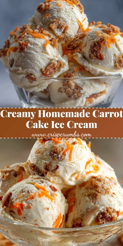 A scoop of no-churn Carrot Cake Ice Cream being lifted from a bowl, showing the rich cream cheese swirl and bits of toasted pecans. The perfect easy homemade ice cream recipe.